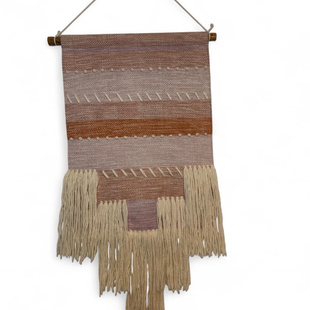 Handcrafted Woven Wall Hanging in Terracotta, Cream, and Pale Pinks